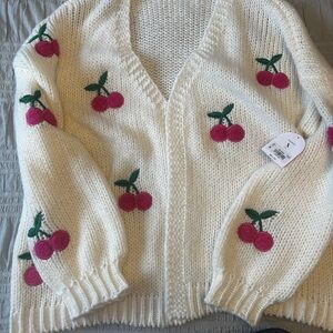 ARULA Cream Cardigan with Pink Cherry Embroidery